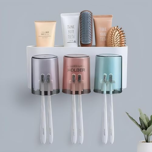 Image of Shubh Empire Wall Mounted Toothbrush Holder, Stickable Brush Stand with Cover, Bathroom Organiser Without Drill, Plastic Shelf for Toothpaste, Brush, Cosmetics (Self-Adhesive) (1, Medium-3 Cups)