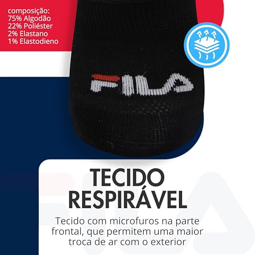 FILA Kit 6 Pares Meia Sapatilha Invisível Borda de Silicone Interna Faixa Tensora Sola Atoalhada Adu