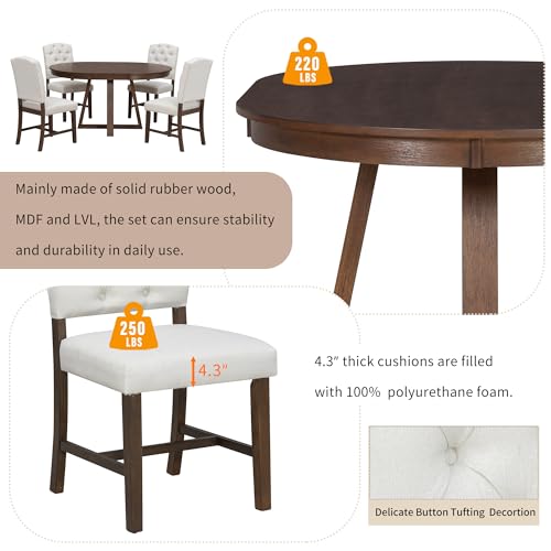 Image of Bellemave 5-Piece Dining Table Set, Extendable Round Dining Table with 16 inch Removable Leaf, 4 Upholstered Button Tufted Chairs, Acacia Veneer Tabletop (Walnut)