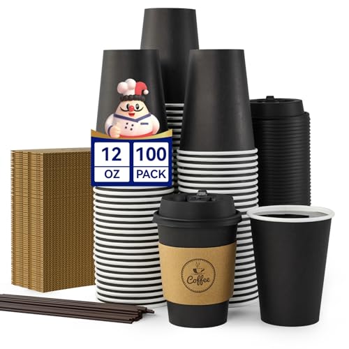 JOLLY CHEF 100 Pack 12 oz Coffee Cups with Lids, Sleeves and Stirrers, Disposable Black Hot Paper Coffee Cups for all Kinds of Beverages