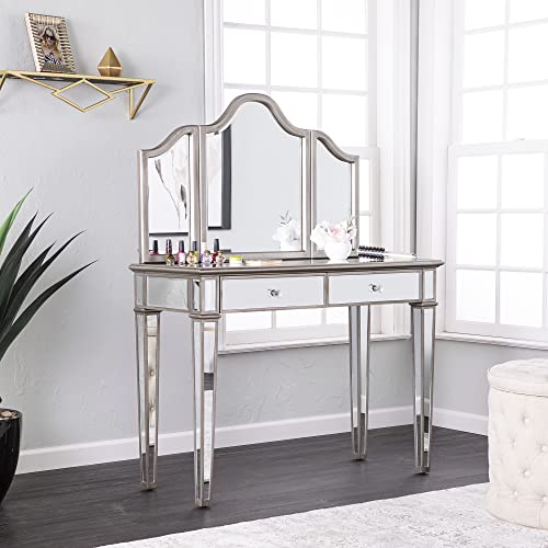 SEI Furniture - Kalla Mirrored Vanity Set with Storage - 2 Piece - Silver - Transitional Design - Ideal for Bathroom, Master Suite (HZ7581) - Thumbnail 3