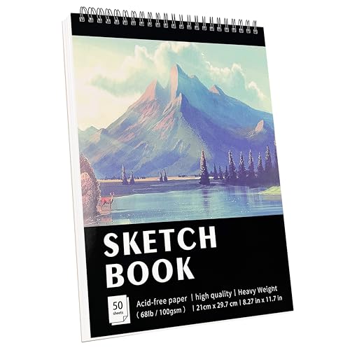 KINSPORY Bloc de Dibujo A4, 50 Hojas / 100 Páginas, Sketchbook 100 g/m², Bloc de Dibujo Encuadernado en Espiral, Papel de Dibujo Artístico Libre de Ácido, Escritura y Dibujo para Niños y Adultos