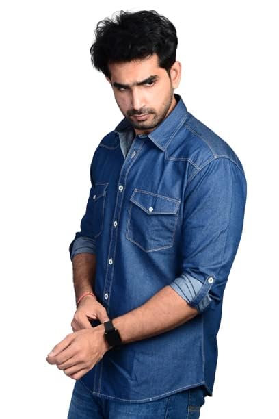 Codaisy Men’s Blue Double Pocket Casual Full Sleeves Regular Fit Cream Stitched Solid Cotton Denim Shirt Available in Plus Size