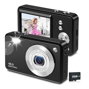 Digitalkamera 48MP 1080P FHD Kinderkamera mit 8X Digitalzoom Fotoapparat Tragbare Kompaktkamera mit 32GB Speicherkarte-Karte für Kinder Teenager Anfänger Geschenk