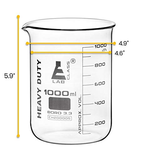 Heavy Duty Beaker, 1000Ml - 5Mm Thick, Uniform Walls - Superior Durability & Chemical Resistance - White Graduations - Borosilicate 3.3 Glass - Eisco Labs #TOP5
