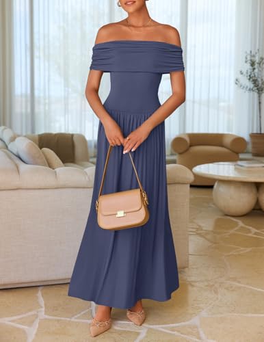 ZESICA Women's Off The Shoulder Maxi Dress 2025 Summer Sleeveless Casual Slim Swing Pleated Formal Party Dresses3