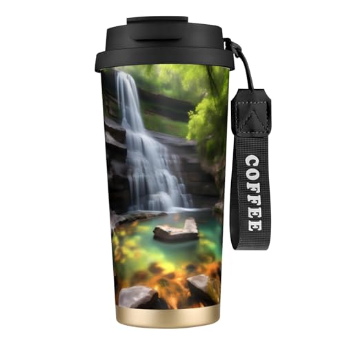 QHZLY Tazza da caffè in acciaio inox 316 con vista a cascata, nera, grande, isolata, da viaggio, per ufficio, casa, auto