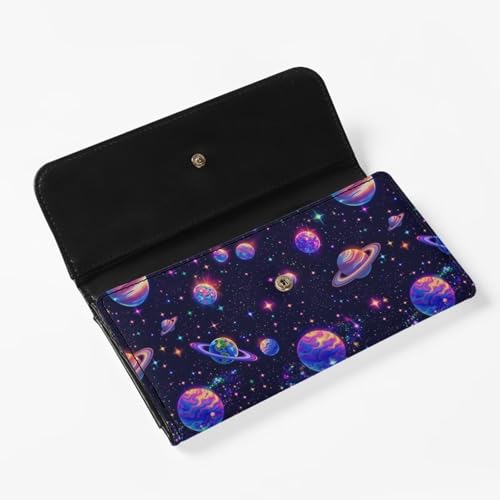Image of AFPANQZ Planet Print Leather Wallets for Women RFID Blocking Checkbook Wallet with Cit Card Slots Phone Holder Zip Pocket, Buckle Closure, Ladies Purse