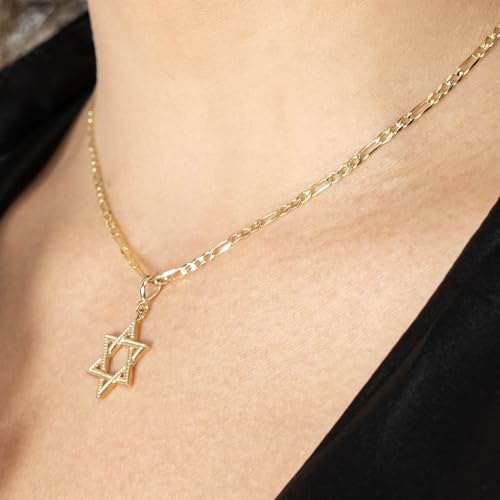 Jewelry America Solid 14K Yellow Gold Textured Jewish Star of David Charm Pendant Figaro Chain Necklace2