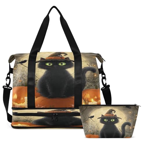Halloween Cat Pumpkins Beige Travel Duffel Bag for Women Men Gym Bag with Shoe Compartment Wet Pocket Carry On Weekender Overnight Bags for Travel Weekend Getaway