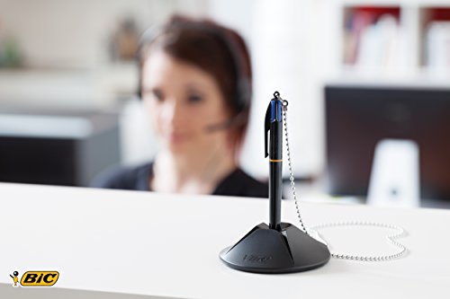 BIC 4 Farben Kugelschreiber mit Kette & Ständer 4 Colours Counter Pen, austauschbare Mienen, Ideal für das Büro, 1 Stück (3er Pack)