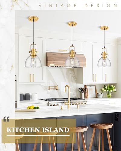 Image of 7.5 inch Brushed Gold Pendant Lights Kitchen Island, Seeded Glass