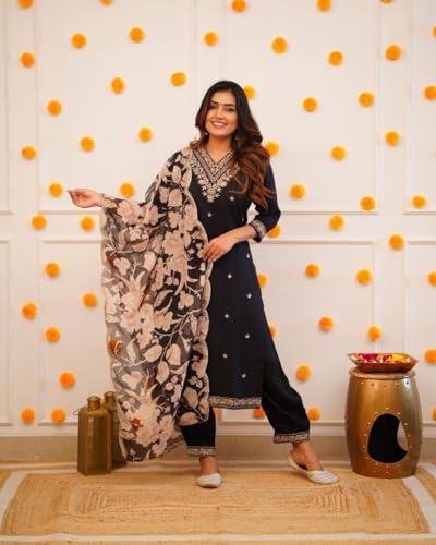 Image of Women Afghani Viscose Rayon Kurta Pant Dupatta Set with Embroidered Neck Work and Floral Print Organza Dupatta | Ethnic Straight Suit Set