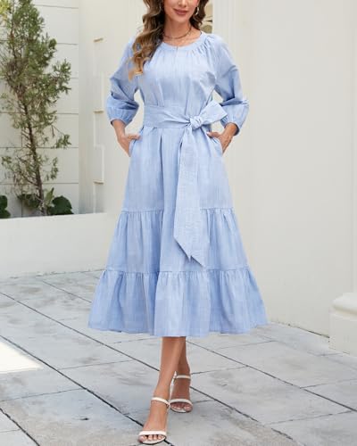 Image of YEXPINE Women's Ruffle Maxi Dress Puff Sleeve Flowy Tiered Long Dress with Belt