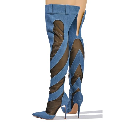 Cape Robbin Mesh Denim Thigh High Boots for Women - Over Knee Boots - Blue Thigh High Boots (Mandali)3