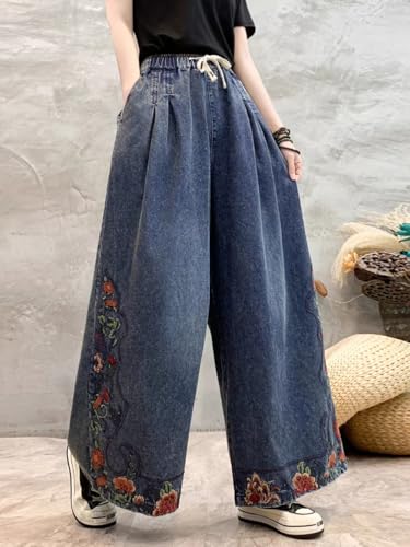 Duberess Womens Loose Cropped Jeans with Embroidery Wide Leg Denim Pants Trousers Elastic Waist with Pockets2