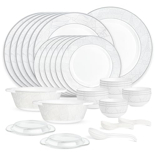 Image of Larah by Borosil 37pc Opalware Ivy Dinner Set for Family of 6 | Microwave & Dishwasher Safe Crockery Set for Dining & Gifting | Plates & Bowls