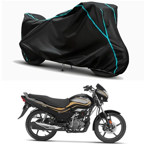 Image of Waterproof Bike Body Cover Compatible for | Hero Super Splendor Drum | Taffeta Fabric, Sky Piping Design, Bottom Elastic Fit | Dustproof, Sun UV & Rain Protection for All Weather.