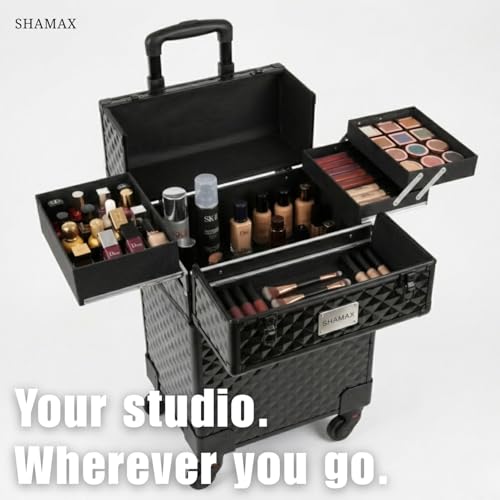 Image of SHAMAX Professional Rolling Makeup Case, Cosmetic Organizer Trolley, Makeup Artist MUA Vanity with Locks Trolley for Hairdressers, Salons, Nail Artist & Beauty Lovers - 360 Universal Self Lock Wheels