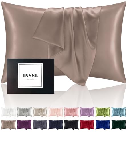 INSSL Mulberry Silk Pillowcase for Hair and Skin Health,Natural Silk Pillow Cover with Hidden Zipper Both Side Silk1 pcs (Light Coffee, Standard 20