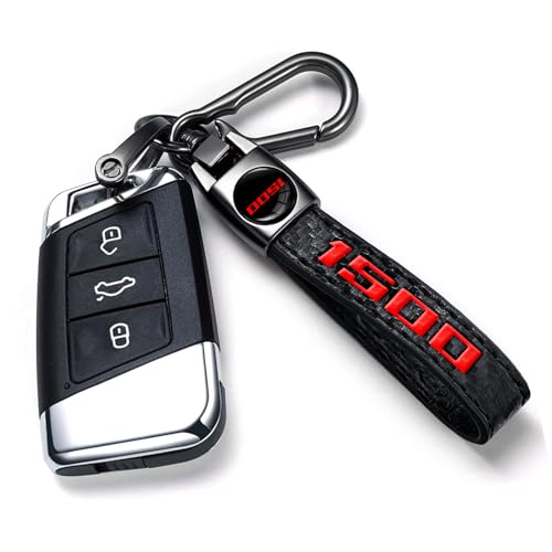 Image of Black 1500 Keychain for Dodge Charger Challenger Durango RAM, Black Carbon Fiber Leather & Metal Car Key Fob Holder, Red 1500 Car Keychain Accessories