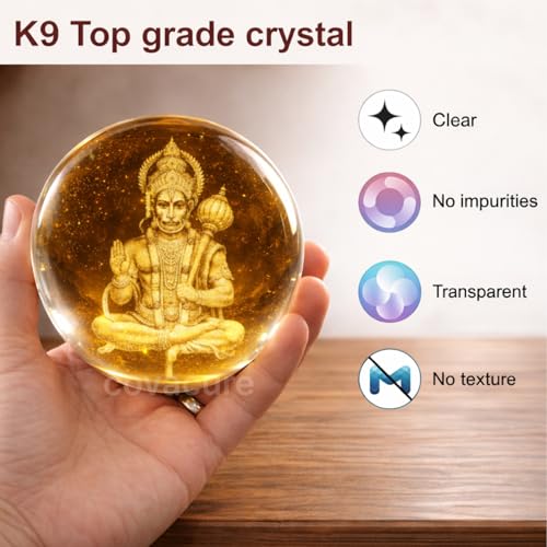 Image of COVACURE 3D Hanuman Crystal Ball Night Lamp, Solar System Hanuman Idol Crystal Ball Night Light, USB Table Colorful LED Wooden Base Lamp for Home, Office, Birthday Gift