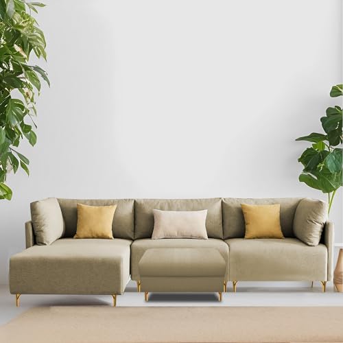Image of Carina LHS 4 Seater L Shape Sofa Set with Center Table for Living Room (Cream Fabric) Premium Fabric Sofa