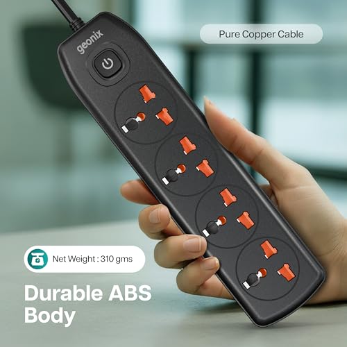 Image of Geonix PowerSpan S4 Pro | Extension Board with 4 Universal Sockets with on Off Button, 3mtr Long Copper Cable, 2500 Watts, 10 Amp Multi Plug for Office & Home Appliances (Black)