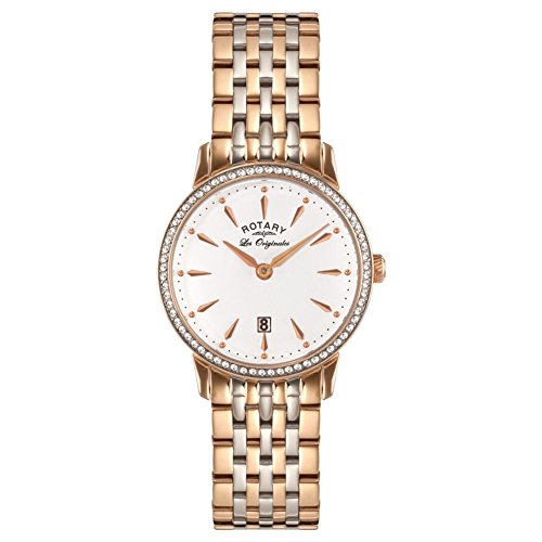 Rotary Women's Quartz Watch with White Dial Analogue Display and Rose Gold Stainless Steel Bracelet LB90057/06