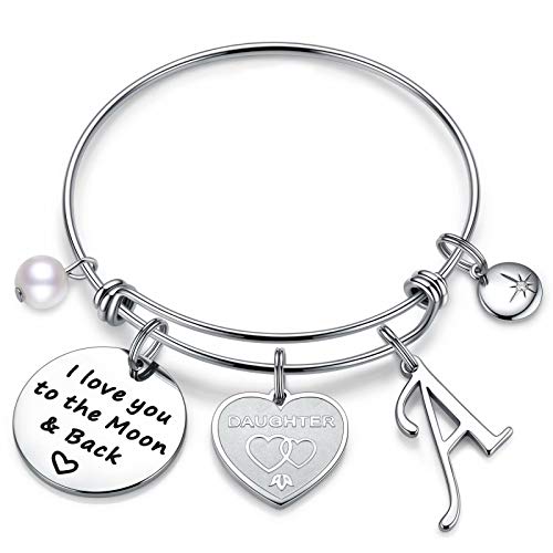 Daughter Gifts for Women, Letter A Initial Heart Charm Bracelet Stainless Steel Bangle Bracelet Birthday Christmas Jewelry Gift for Women Teen Girls from Mom and Dad, I Love You to The Moon and Back.