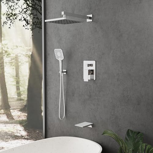 Image of Gabrylly Shower System with Tub Spout, Wall Mounted Tub Shower Faucet Set for Bathroom with High Pressure 10 inch Rain Shower head and 3-Setting Handheld Shower Head Set,Chrome