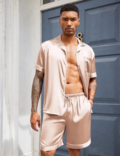 Image of Ekouaer Mens Satin Pajamas Set Button-Down Short Sleeve Shirt Top Soft Silk Sleepwear Shorts with Pockets