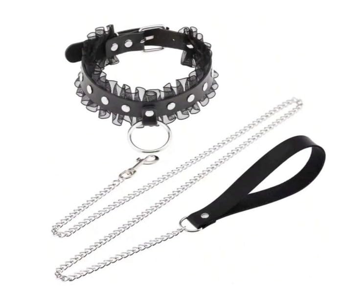 [LUNA NOIR] リード 人間用チョーカー 首輪 人間 sm リード付 smプレイ 拘束具 変態 地雷系ファッション フリルチョーカー コスプレ プレイ用 首輪＆リードセット 女性用 調教 - 画像2