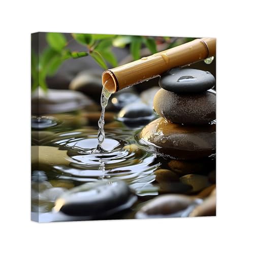 ZXHYWYM Green Zen Wall Art Stone Spa Pictures Bamboo Zen Bathroom Canvas Calming Meditation Print Relaxing Spiritual Yoga Room Office Decor Framed (A, (12.00"x12.00"))