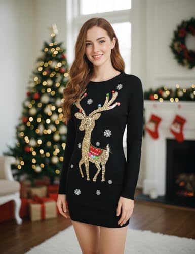 v28 Sequin Reindeer Christmas Sweater Dress for Women - Image 2