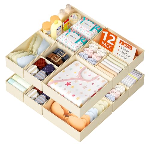 DIMJ 12Pack Foldable Drawer Organisers – Fabric Storage Boxes for Wardrobe, Bedroom Drawers & Family Home Organisation, Neutral Drawer Dividers for Socks, Underwear & Daily Storage