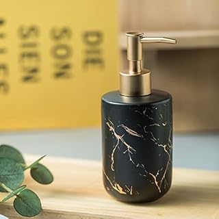 BECHOICEN Black Soap Dispenser with Marbling for Kitchen, Shampoo Dispenser with Gold Pump for Bathroom, Washing Up Liquid Dispenser, 300ML.(Black)