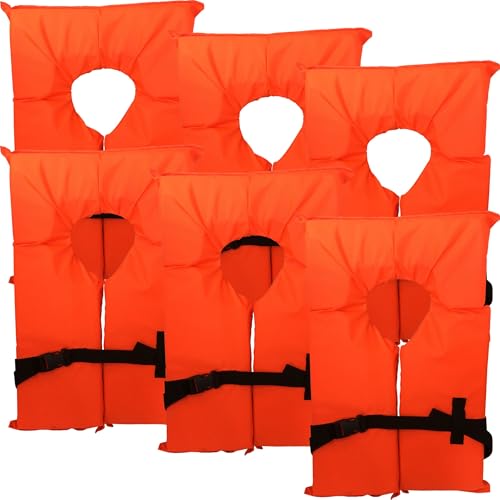 6 Pack Coast Guard Approved Life Jackets. High Visibility Color Type II Keyhole Life Vest in Classic May West Style. Compliance Flotation Device Neon Orange Adult