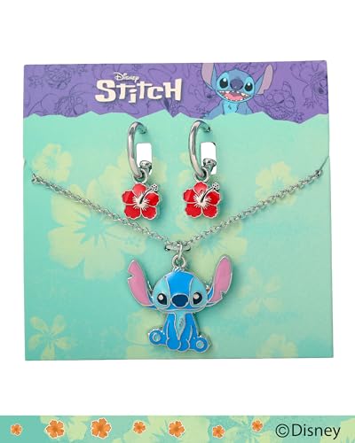 Disney Lilo & Stitch Jewelry Set Official License, Flower Charm Hoop Earrings and 16+3 Stitch Necklace Fashion Jewelry Set 6