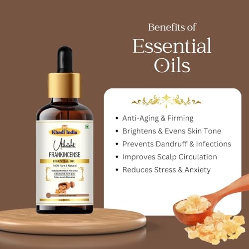 Image of Khadi Frankincense Essential Oil 15 ml | Pure & Natural | For Scalp Care, Skin Tightening & Fine Lines | Anti Aging Properties | Oil for Face | All Skin Types | Aromatherapy for Men & Women