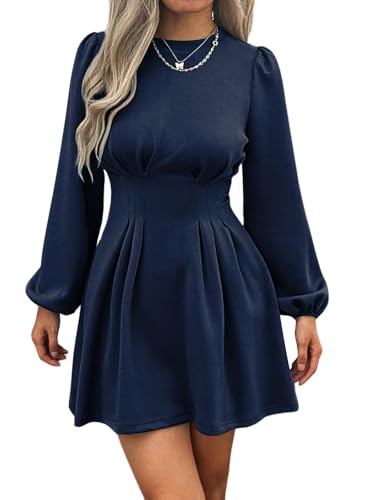 Evzeiem Work Dresses for Women 2026 Spring Business Casual Dress Long Puff Sleeve High Waist A Line Short Office Dress, Navy Blue L