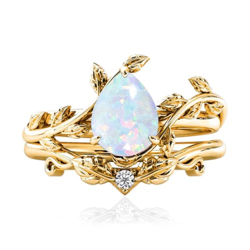 10k/14k/18k Solid Gold 1.5CT Pear Gemstone Vintage Bridal Ring Set for Women Nature Inspired Leaf Vine Art Deco Birthstone Rings Sets Anniversary Engagement Jewelry Gifts for Her Wife Size 4~12