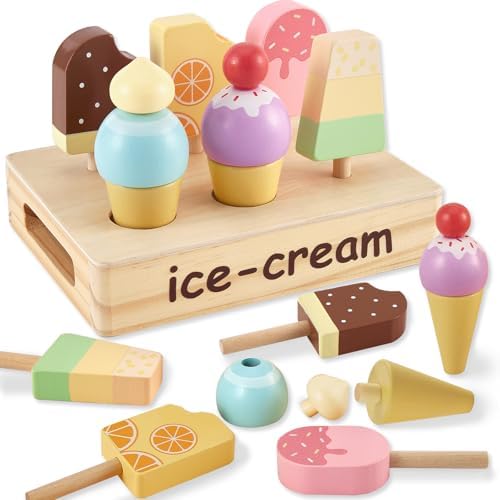 HERSITY Eiscreme Spielzeug Eisdiele Kinder Holz, EIS am Stiel Spielzeug | Kaufladen Zubehör Spielküche Rollenspiele für Kind Mädchen Jungen 2 3 4 Jahren