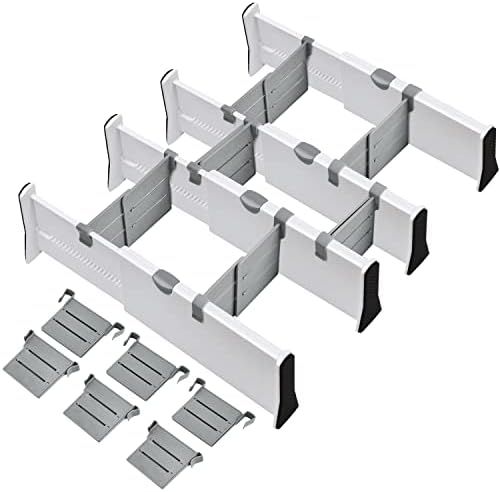 JONYJ Drawer Dividers Organizer 4 Pack, Adjustable Separators with 6 Inserts 4" High Expandable from 11-17" for Bedroom, Bathroom, Closet, Clothing, Office, Kitchen, Strong Secure Hold, White
