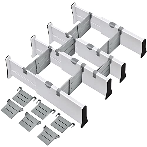 Jonyj Drawer Dividers Organizer 4 Pack, Adjustable Separators With 6 Inserts 4" High Expandable From 11-17" For Bedroom, Bathroom, Closet, Clothing, Office, Kitchen, Strong Secure Hold, White #TOP6