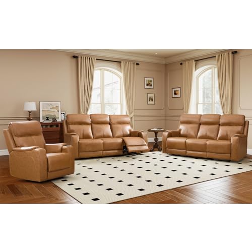 HAOMARKETS 3-Piece Top Grain Leather Power Reclining Sofa Set, Include Dual Motor Electric Recliner with Adjustable Headrest and 3-Seater Couches Set of 2 for Living Room, Brown