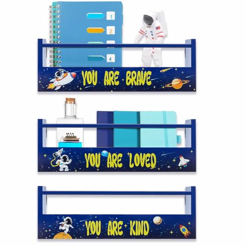Image of Juexica 3 Pcs Space Themed Shelves for Boys Room Decor Wood Floating Nursery Book Shelves Inspirational Wall Art for Christmas Bedroom Gifts