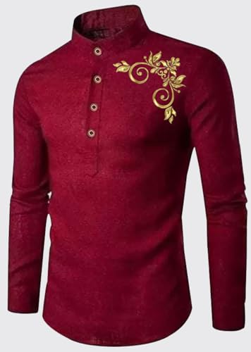 Image of DEEMOON Men's Full Sleeve Short Kurta Shirt with a Trendy Mandarin Collar Crafted from a Premium Cotton Blend for Comfort Ideal for Casual and Semi-Formal Occasions