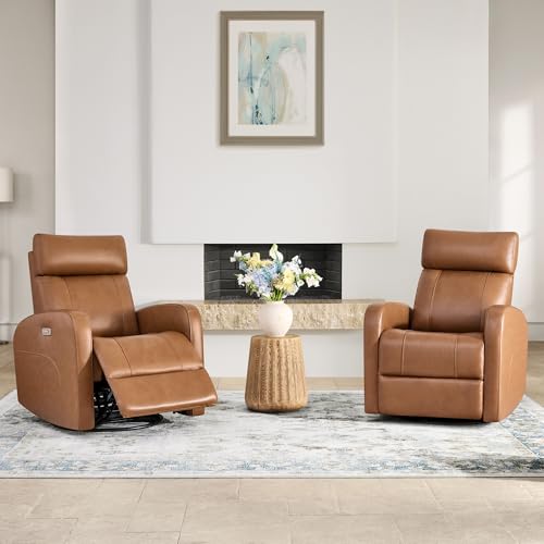 Image of CHITA Genuine Leather Power Swivel Glider Recliner Chair, Double Layer Backrest Truck Armrest Recliner Chair Sofa for Living Room-Saddle