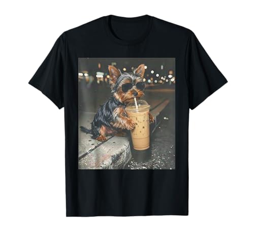 Yorkie Drinking Iced Coffee Funny Animal Meme Dog Lover T-Shirt